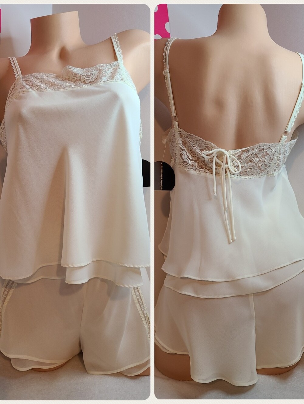 VTG Valerie Stevens Sheer Chiffon Lace Layered Babydoll Cami Shorts Sleep Set Sm